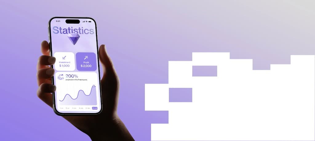 Hand holding phone showing statistics dashboard