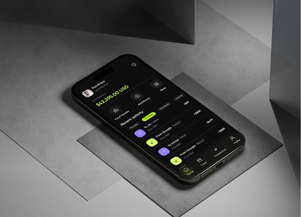 Dark mobile banking interface on a smartphone mockup