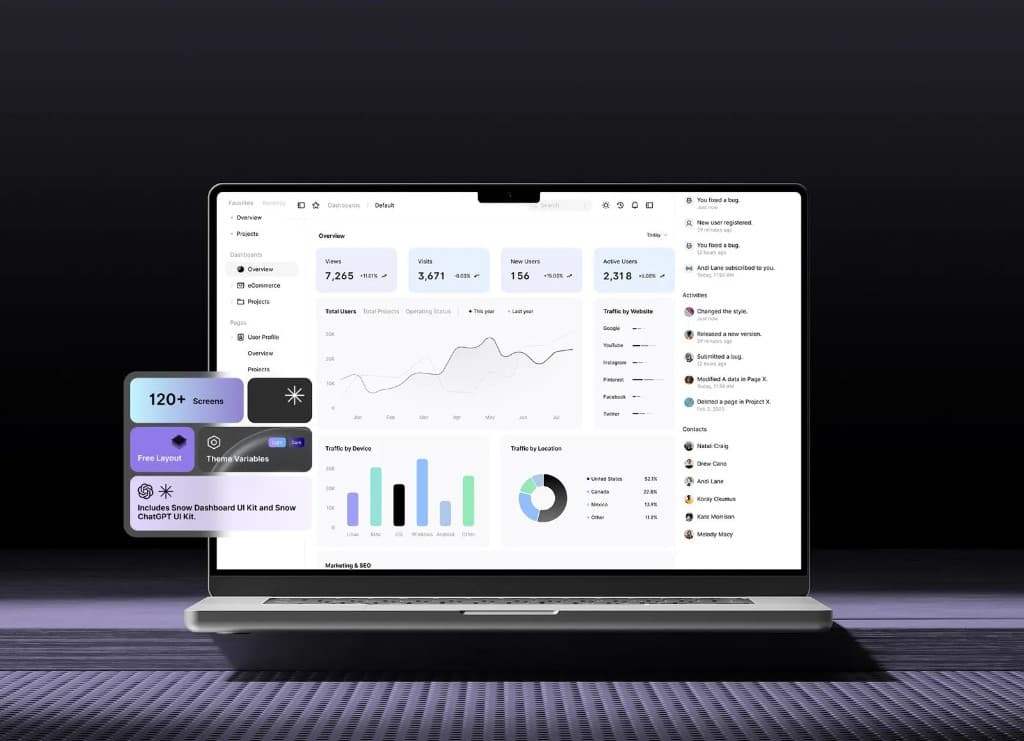 Analytics dashboard on a laptop in a dark studio scene