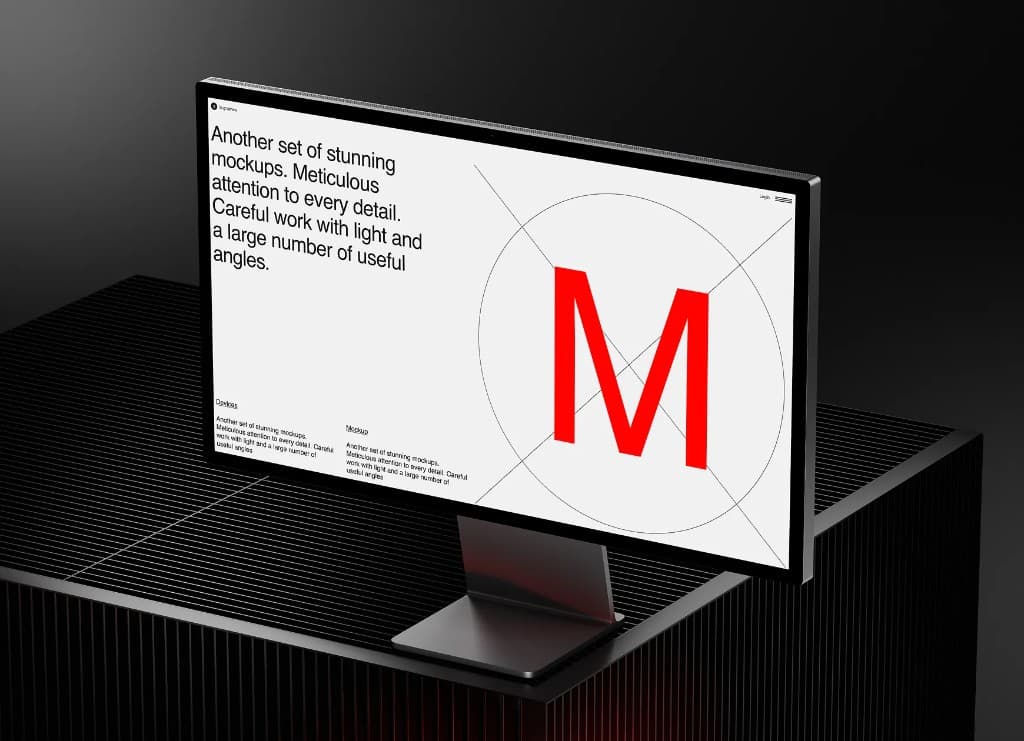 Monitor mockup with bold interface concept in a dark studio
